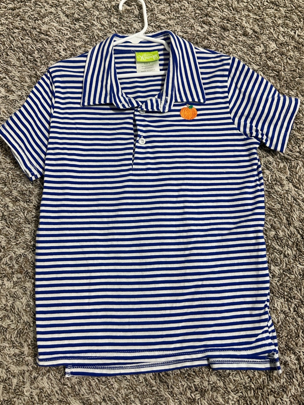 Classic Whimsy Kids Blue & White Striped Polo Shirt with Pumpkin Embroidery